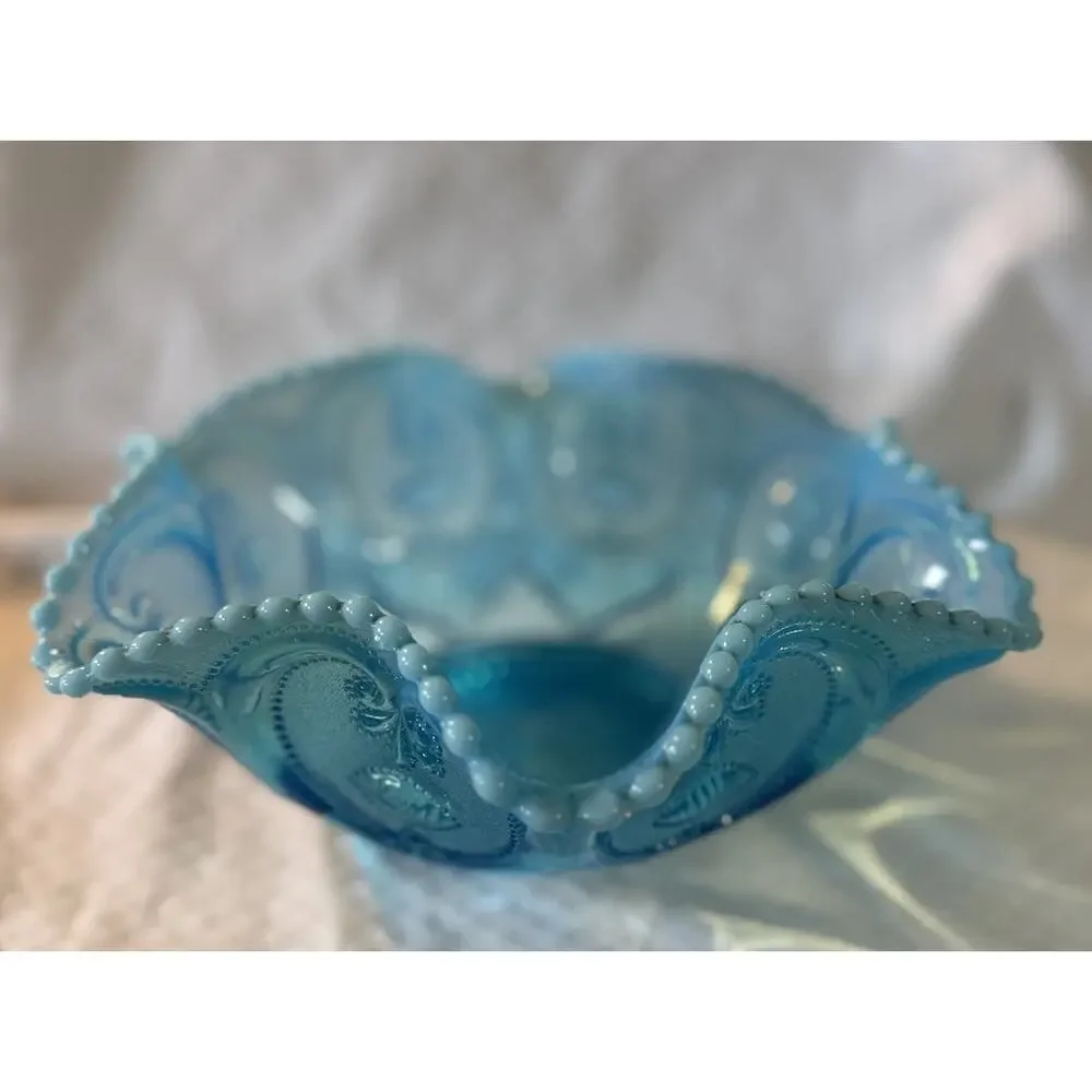 Blue Vintage Dugan Glass Bowl Floral Pattern Scalloped Rim Antique